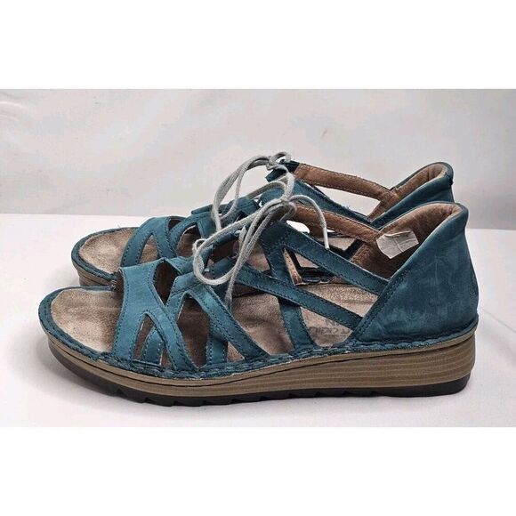 NAOT Yarrow Lace Up Strappy Sandals Blue Nubuck Leather Womens Size 38 / 7 - Picture 1 of 8